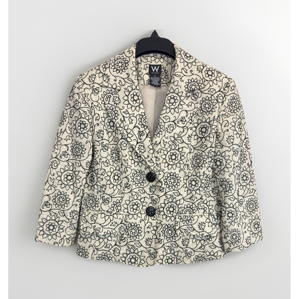 W Work To Weekend Women's 6 Blazer Jacket Embroidered 3/4 Sleeve‎ Linen Blend